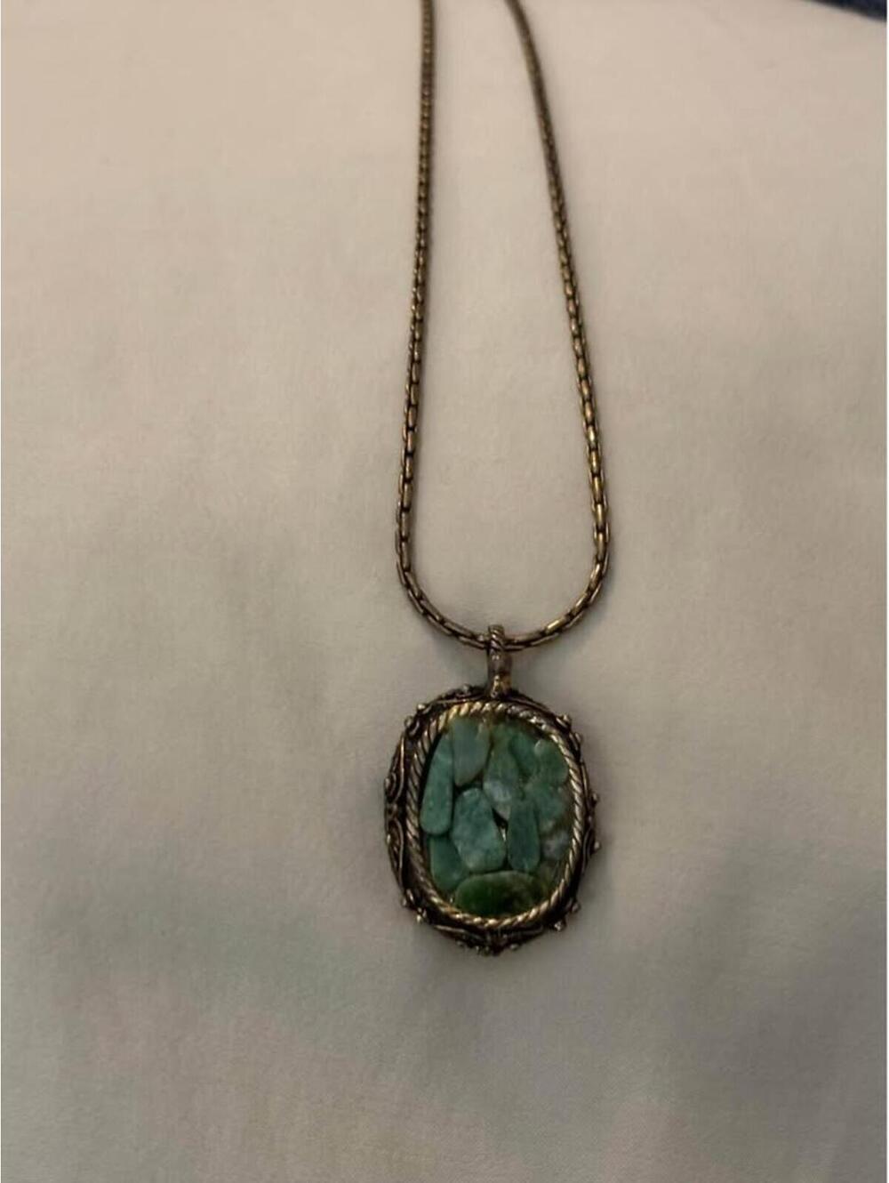 Vintage Green Stone Mosaic Pendant Necklace